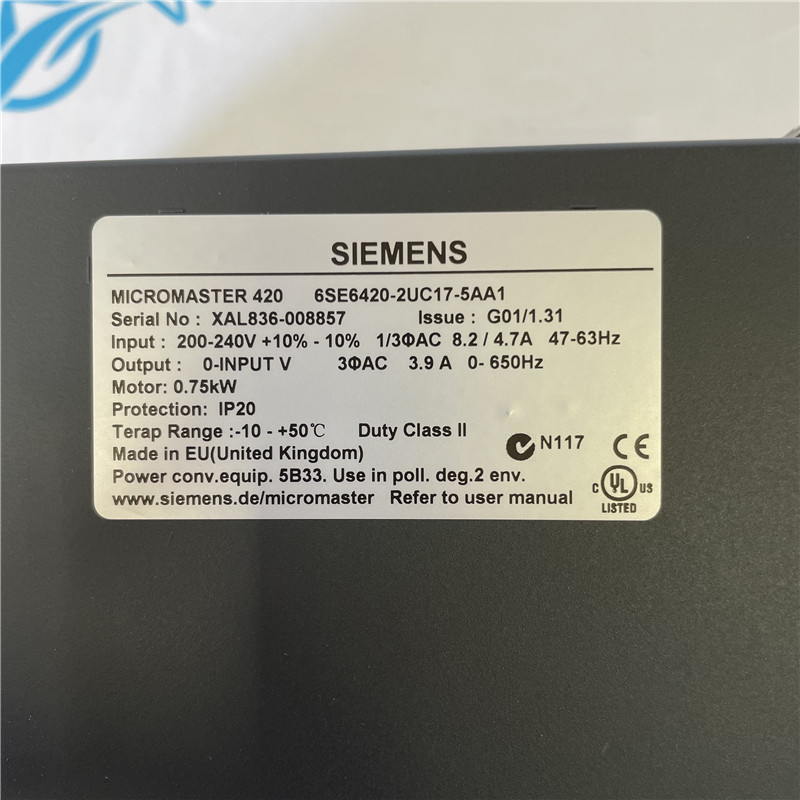 SIEMENS inverter 6SE6420-2UC17-5AA1 MICROMASTER 420 without filter 200-240 V 1/3 AC+10/-10% 47-63 Hz constant torque 0.75 kW overload 150% for 60 s